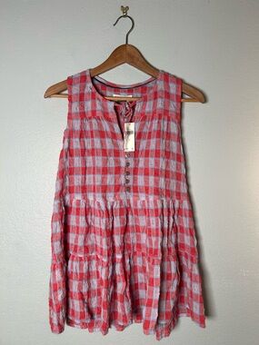 Anthropologie Red and Pink Gingham Sleeveless Tiered Tank